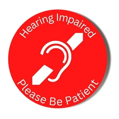 Image of Gift Insanity MEDICAL ALERT BADGES HEARING IMPAIRED PLEASE BE PATIENT RED BACKGROUND 38mm Small Badge