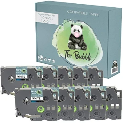 Image of The Bubbli Original TZe 231 TZ Black on White Compatible Laminated Label Tapes for Brother P Touch PT 1000 H100 D210VP D400 D600VP P700 P750W Cube (12mm x 8m 10 Pack)