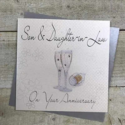 Image of White Cotton Cards Son and Daughter in Law on Your Anniversary Champagne Glasses, WB173