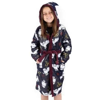 Image of Harry Potter Dressing Gown For Girls &amp; Boys Kids Blue Hedwig Pyjama Robe Magical Bathrobe With Wizard Hat Hood
