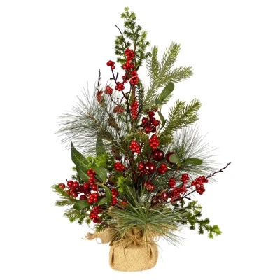 Image of Red Berries Christmas Tree Pre Lit Artificial Green Pine Branches Jute Base 60cm