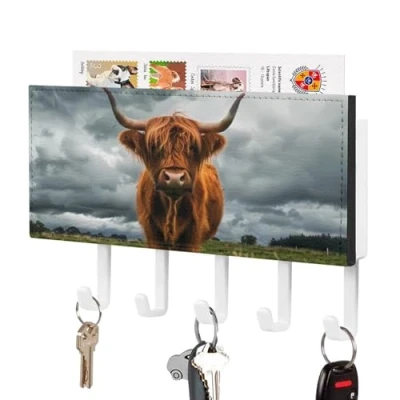 Image of Highland Cow in The Scottish Highlands Key Holder for Wall Hooks Mount Hanger Rack Organizer Storage with 5