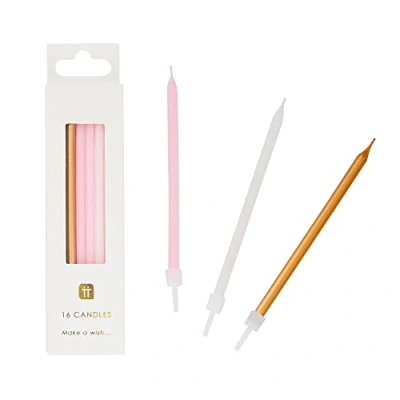 Image of Pack of 16 Pink, Gold &amp; White Birthday Candles with Holders Tall Thin 10cm Cake Decorations for Birthdays, Wedding, Baby Shower, Girls, 16th, 18th, 21st