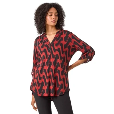 Image of Roman Originals Shirt for Women UK Ladies Top Collarless Blouse Stretchy Tunic Smart Casual Autumn Winter Jersey 3/4 Length Sleeve Notch V Neck Flattering Office Work Red &amp; Black Size 20