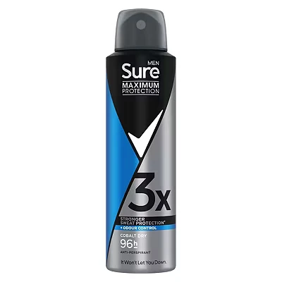 Image of Sure Men Maximum protection Cobalt Dry Anti Perspirant Aerosol men&#039;s deodorant spray with 3x stronger* sweat for 96 hour and odour 150 ml