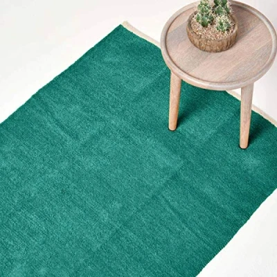 Image of HOMESCAPES Teal Green Rug 100% Cotton Plain Modern Reversible Chenille Floor Mat with Natural Colour Trim Anti Shedding Soft Touch Washable, Extra Large, 110 x 170 cm (43&quot; 67&quot;)