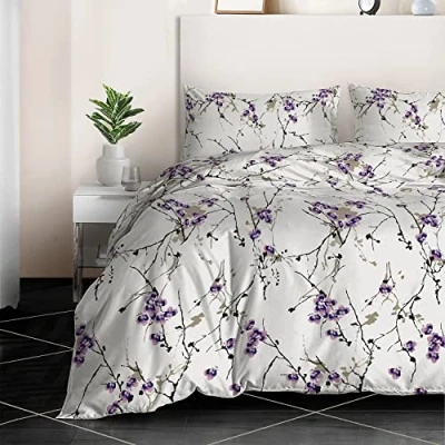 Image of RAYBedding 3PCS King Size Duvet Cover Set 100% Egyptian Cotton Bedding Bed 400 Thread Count Floral Printed Exotic Lilac with Pillow Cases 2 Pack