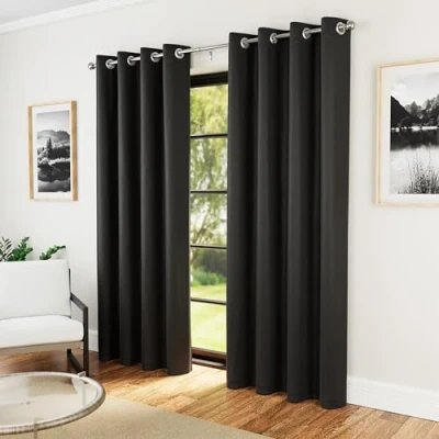 Image of Enhanced Living Nightfall Plain Supersoft Black Thermal Blockout Eyelet Curtains 66 x 90 inch (168 229cm) Energy Saving &amp; Noise Reducing for Bedroom Room