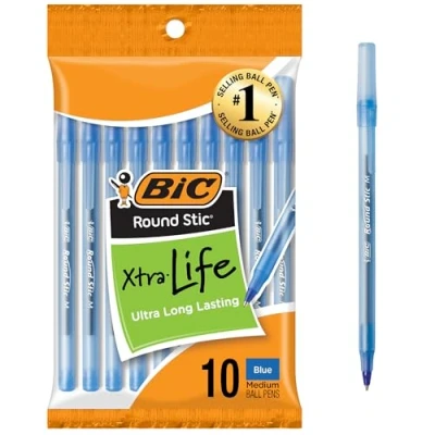 Image of BIC Round Stic Ball Pens, Medium Point, Blue, 10 Count