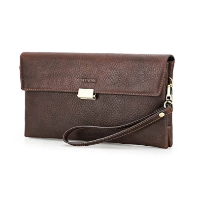 Image of Contacts Mens Genuine Leather ID Card Phone Holder Zipper Coin Key Clutch Purse Handbag (Coffee)