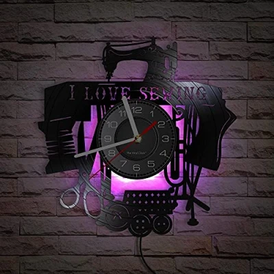 Image of Smotly Vinyl clock, creative retro sewing machine design clock decoration, artistic gift, suitable for any wall decoration! (With light/Gift: Hook+Gift bag)