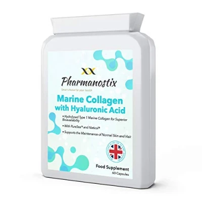 Image of Marine Collagen with Hyaluronic Acid &amp; Seaweed 60 Capsules Skin, Hair Nails Formula D Biotin, Vitamin E C Highly Bioavailable Naticol® Hydrolysed 500mg
