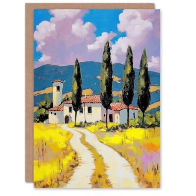 Image of Artery8 Greeting Card Italian Countryside Villa Cypress Trees Landscape Blank For Him Or Her Art Birthday