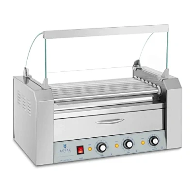 Image of Royal Catering Hot Dog Grill Roller Sausage 7 Rollers Warming Drawer 1765W RC RG7DC (Stainless Steel, Tempered Glass, Temp. Range 30 250 C, 110 C)