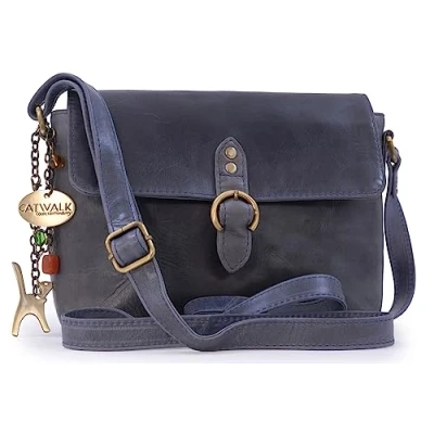 Image of Catwalk Collection Handbags Women&#039;s Leather Cross Body Bag Small Flapover Shoulder Adjustable Crossbody Strap FREYA Blue