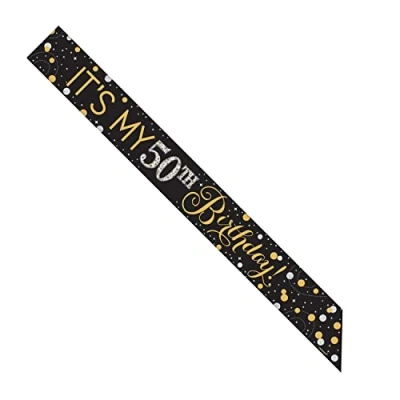 Image of Amscan 399643 Gold Sparkling Celebration Add an Age Sash Includes Number &amp; Letter Stickers for 1st to 100th 1.52m