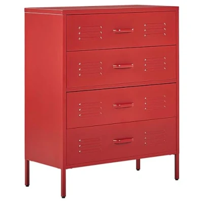 Image of Beliani Metal 4 Drawer Chest Steel Storage Cabinet Industrial Style Red Enago