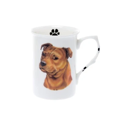 Image of (BB59) SINGLE BONE CHINA BEAKER/ MUG/CUP STAFFIE BULL TERRIER RED dog KIRSTY JAYNE