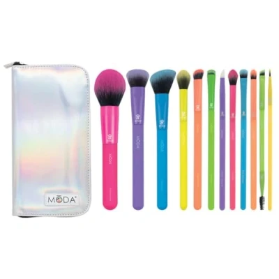 Image of MODA Totally Electric 13pc Full Face Makeup Brush Set, Includes Powder, Complexion, Blush, Shader, Smudger &amp; Crease Brushes with Zip Case