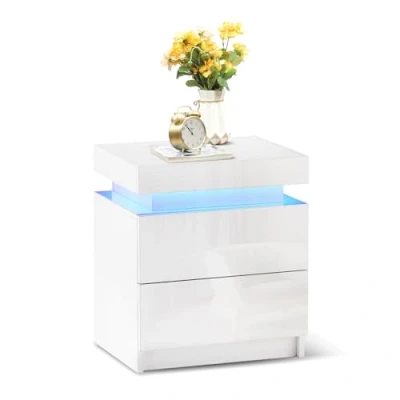 Image of TUKAILAi Bedside Table with LED Light, 2 Drawers and High Gloss Nightstand Cabinet for Bedroom Living Room