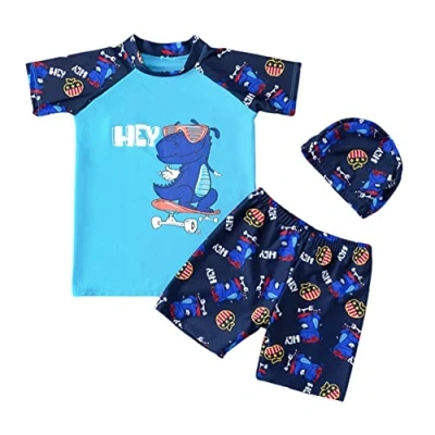 Image of FedMois Boy Swim Set, 3 Pieces Set Shirt + Swimming Shorts Cap, Dinosaurs Skateboard, 4 5 Years