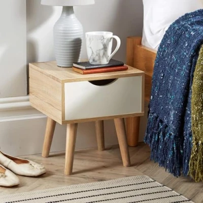 Image of Home Source Bedside Cabinet 1 Drawer Oak Effect White Lamp Side Table Solid Wood Legs Scandi Style, MDF