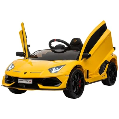 Image of HOMCOM Lamborghini Aventador Licensed 12V Kids Electric Ride On Car Racing Toy with Parental Remote Control Battery powered 2 Motors Music Lights for 3 8 Years Old Yellow