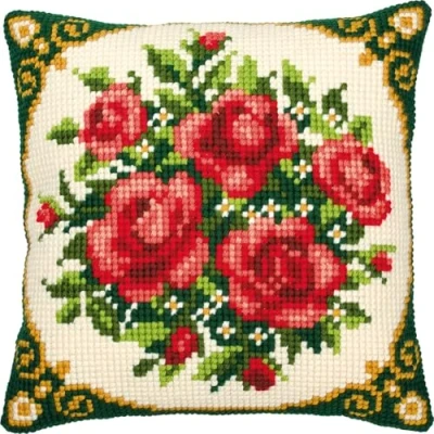 Image of Vervaco Pale Red Roses Cross Stitch Cushion, Multi Colour