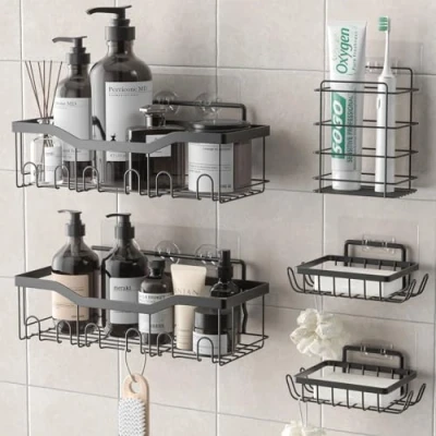 Image of OUSFOT Set of 5 Shower Shelf Organizer 304 Stainless Steel for Bathroom with Soap Dish, Adhesive Storage Rack Bathroom, Shampoo Holder, Black