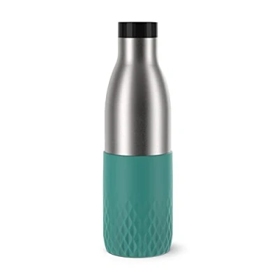 Image of Emsa Bludrop Color Drinking Water Bottle N31102 Stainless Steel 0.7 L Keeps 24h Cold/12h Hot Quick Press Cap Silicone Cuff Petrol