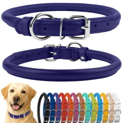 Image of CollarDirect Rolled Leather Dog Collar, Soft Padded Round Puppy Handmade Genuine Collar Small Large Cat Collars Black Pink Red Purple Blue (Fits 16&quot; 20&quot; Neck, Purple)