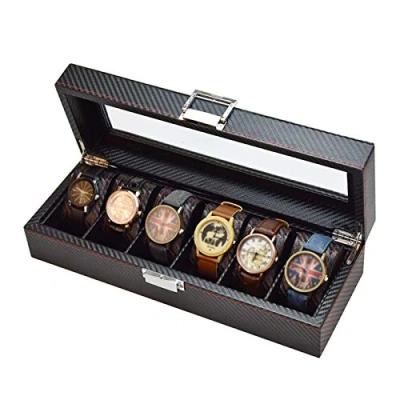 Image of Guolich Watch Storage Box Display Holder Case Leather Carbon Fiber Jewelry Bracelet Collection Organiser with Glass Lid (6 Slots)