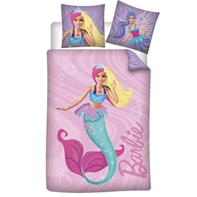 Image of AYMAX S.P.R.L Barbie Mermaid Bedding Set, 100% Cotton, Pink Reversible Duvet Cover 140 x 200 cm + Pillowcase 65 (062BB)