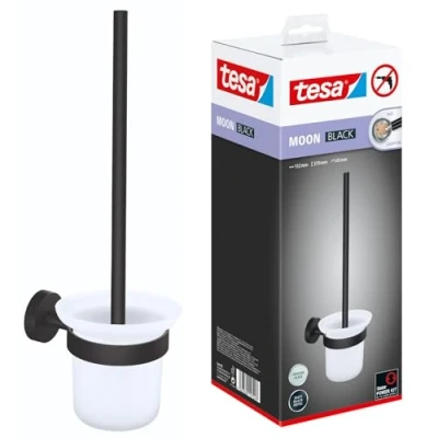 Image of tesa MOON BLACK toilet Brush Set, with holder and brush, matt black, satin glass for industrial style modern bathrooms drill free, incl. adhesive solution 379 mm x 112 145