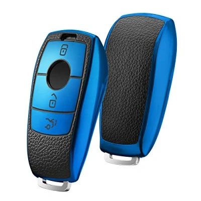 Image of OATSBASF Car Key Case Suitable for Mercedes Benz, Cover E Class 2017, S 2018, TPU Silicone Leather Texture Protective (Blue Leather)