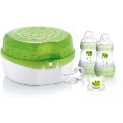 Image of MAM Microwave Steam Steriliser, Comes with 2 x Easy Start Self Sterilising Anti Colic Baby Bottles and Soother, Bottle Steriliser for Babies