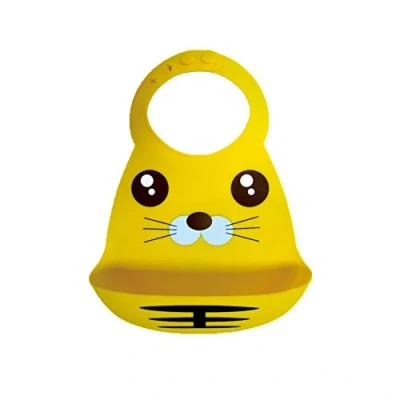 Image of Waterproof Baby Silicone Bibs, Treer Soft Adjustable Roll up Feeding Bibs Drool Wipe Clean with Food Catcher Pocket for Infants Toddlers (30x23cm,Yellow Tiger)