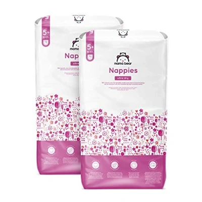 Image of Amazon Brand Mama Bear Ultra Dry Nappies, Size 5+ (11 17 kg), 144 Count (2 Packs of 72), White, Monthly Pack