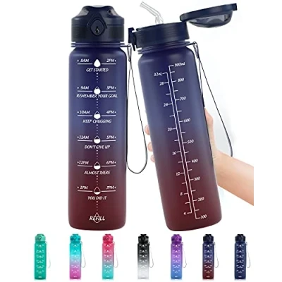 Image of Lunidry 1 litre Water Bottle with Straw, 32oz Motivational Sports Time markings, BPA Free Tritan Leakproof Reusable Drink Bottles for Running, Cycling, Gym, Outdoor Sport