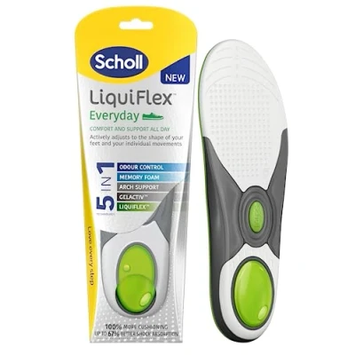 Image of Scholl LiquiFlex Everyday Insoles for Women, 5 in 1 Supportive with Memory Foam, Arch Support, GelActiv, and Odour Control Trim to Fit Your Walking Boot/Shoe UK Size S (3.5 7.5), Pair