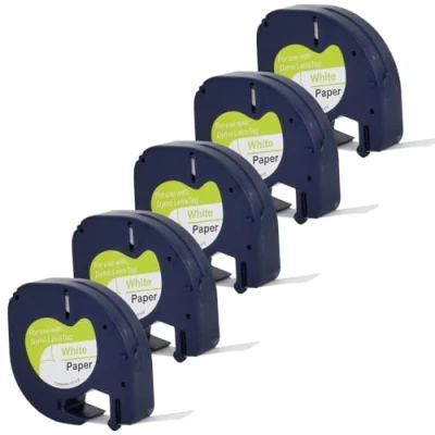 Image of Product Giant. Compatible Label Tapes Replacement for Dymo Letratag Black on White Paper Tape 12mm x 4m 91200 S0721520 LT 100H, 100H Plus, 100T, 110T, QX 50, XR, XM. (5)