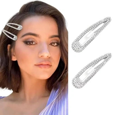 Image of 2Pcs Rhinestone Snap Hair Clip, Metal Clips, Crystal Barrettes Glitter French Duckbill Pin, for Women Girls Decorative Party Accessories (Silver)