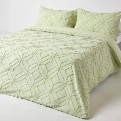 Image of HOMESCAPES King Size 100% Cotton Sage Green Tufted Duvet Cover Set with Geometric Diamond Textured Pattern 180 Thread Count Pure Super Soft Quilt Pillowcases