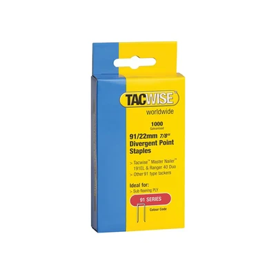Image of Tacwise 91 Narrow Crown Divergent Point Staples 22mm Electric Tackers (Pack 1000) TAC0288