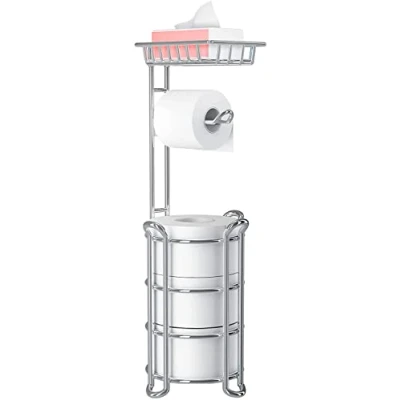 Image of Upgrade Toilet Paper Holder Standing, Chrome Freestanding Roll Holders with Shelf, Tissue for bathroom