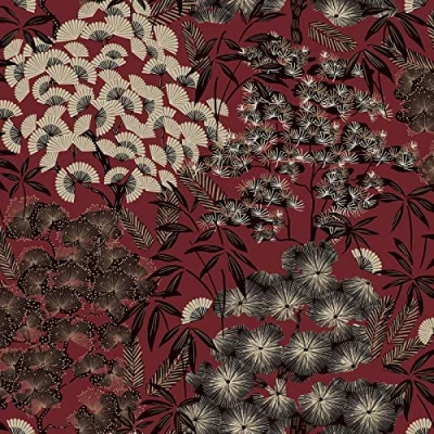 Image of Grandeco Ciara Oriental Leaf Wallpaper Modern for Living Room, Bedroom, Fireplace Decorative Luxury Wall Paper with Inspired Detailed Leaves (Black/Cream/Red)
