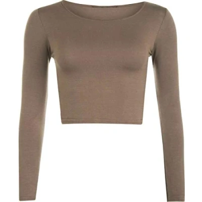 Image of Women&#039;s Crop Long Sleeve T Shirt Ladies Short Plain Round Neck Top 8 14 (Mocha, 10 UK)