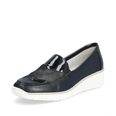 Image of Rieker 53785 Doris Wedge Heel Leather Slip on Shoes (Navy, UK Footwear Size System, Adult, Women, Numeric, Medium, 8)