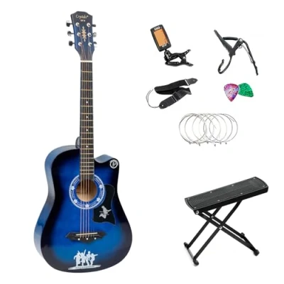 Image of Crystals 4/4 38 Acoustic Guitar Bundle Guitar, Adjustable Foot Rest, A Frame Stand, Complete Set with Stand &amp; Rest Beginners Pack (Acoustic Rest)