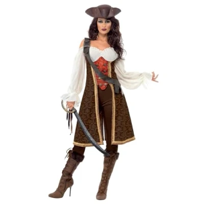 Image of Smiffys High Seas Pirate Wench Costume, Brown with Dress, Trousers and Baldric, Fancy Dress Up Costumes